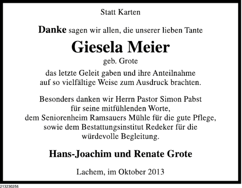 Traueranzeige für Giesela Meier vom 26.10.2013 aus Deister- und Weserzeitung