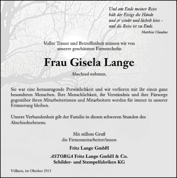 Traueranzeige von Gisela Lange von Deister- und Weserzeitung