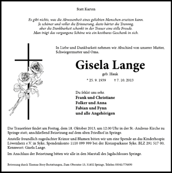 Traueranzeige von Gisela Lange von Deister- und Weserzeitung