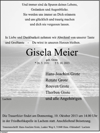 Traueranzeige von Gisela Meier von Deister- und Weserzeitung