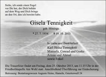 Traueranzeige von Gisela Tennigkeit von Deister- und Weserzeitung