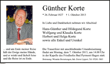 Traueranzeige von Günther Korte von Deister- und Weserzeitung