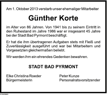 Traueranzeige von Günther Korte von Deister- und Weserzeitung