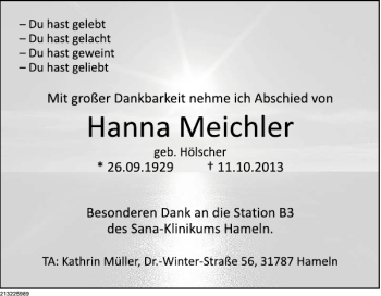 Traueranzeige von Hanna Meichler von Deister- und Weserzeitung