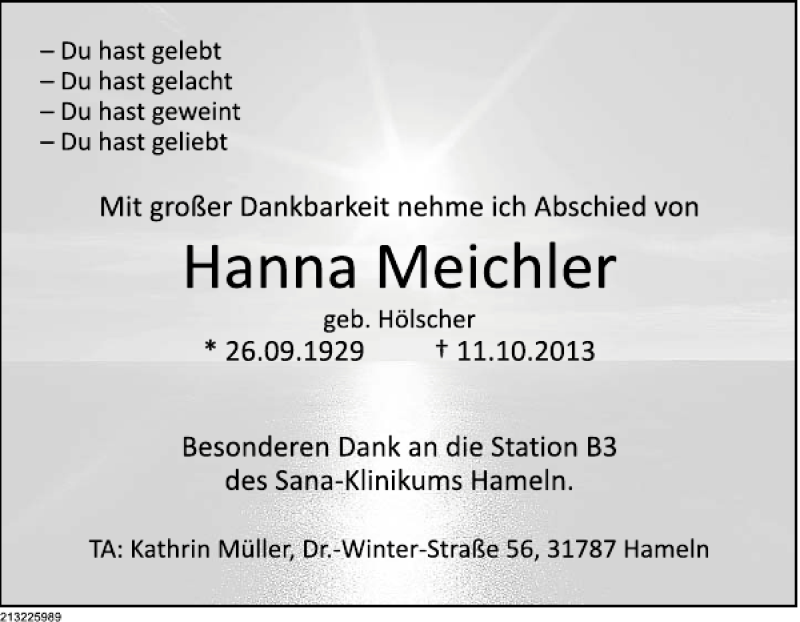  Traueranzeige für Hanna Meichler vom 12.10.2013 aus Deister- und Weserzeitung