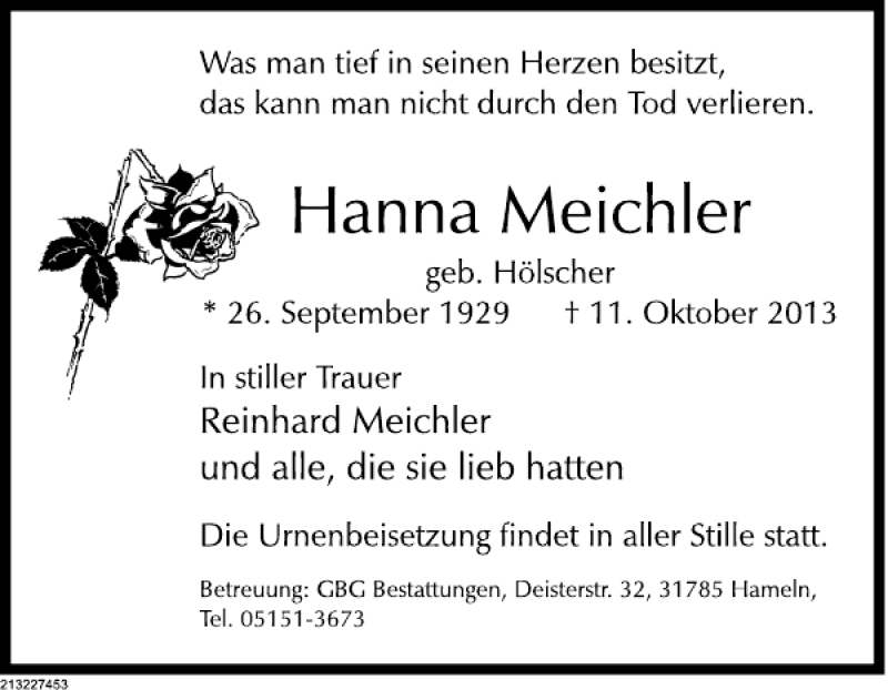  Traueranzeige für Hanna Meichler vom 19.10.2013 aus Deister- und Weserzeitung