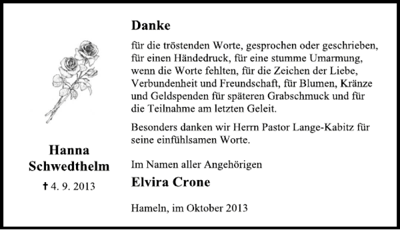 Traueranzeige für Hanna Schwedthelm vom 05.10.2013 aus Deister- und Weserzeitung