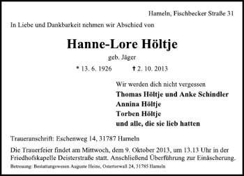Traueranzeige von Hanne-Lore Höltje von Deister- und Weserzeitung