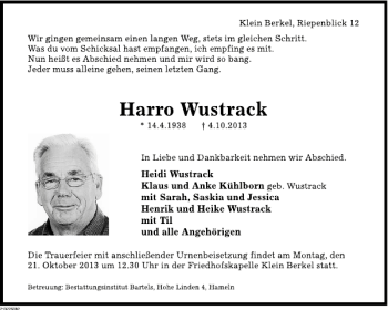 Traueranzeige von Harro Wustrack von Deister- und Weserzeitung