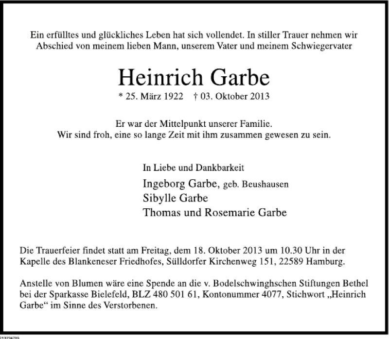  Traueranzeige für Heinrich Garbe vom 12.10.2013 aus Deister- und Weserzeitung