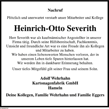 Traueranzeige von Heinrich-Otto Severith von Deister- und Weserzeitung