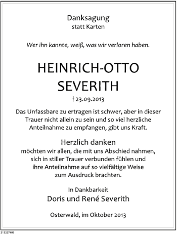 Traueranzeige von Heinrich-Otto Severith von Deister- und Weserzeitung