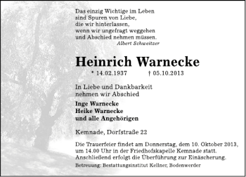 Traueranzeige von Heinrich Warnecke von Deister- und Weserzeitung
