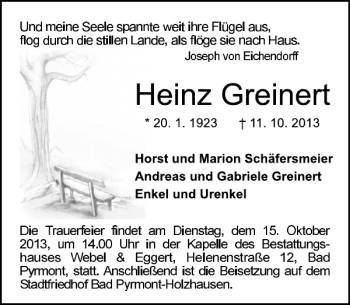 Traueranzeige von Heinz Greinert von Deister- und Weserzeitung