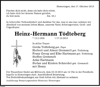 Traueranzeige von Heinz-Hermann Tödteberg von Deister- und Weserzeitung