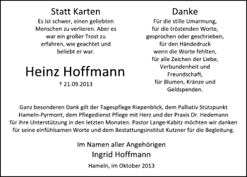 Traueranzeige von Heinz Hoffmann von Deister- und Weserzeitung