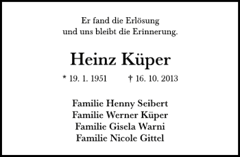 Traueranzeige von Heinz Küper von Deister- und Weserzeitung