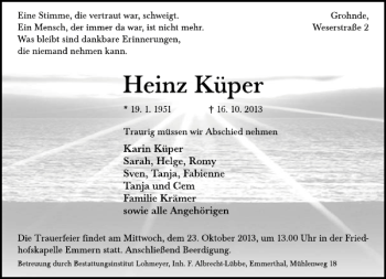 Traueranzeige von Heinz Küper von Deister- und Weserzeitung