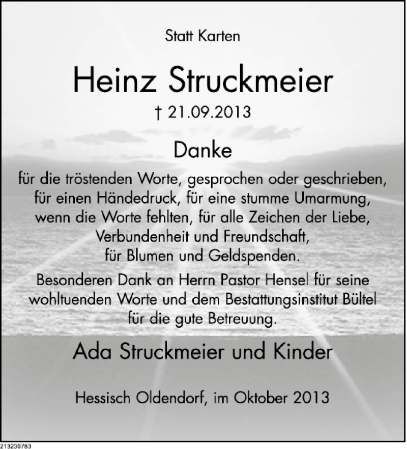  Traueranzeige für Heinz Struckmeier vom 26.10.2013 aus Deister- und Weserzeitung