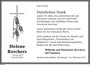 Traueranzeige von Helene Borchers von Deister- und Weserzeitung