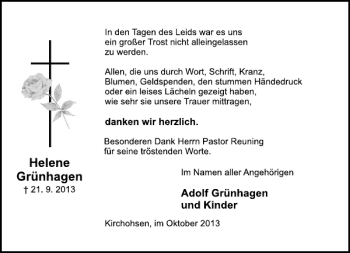 Traueranzeige von Helene Grünhagen von Deister- und Weserzeitung