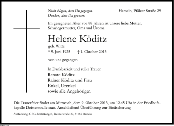 Traueranzeige von Helene Köditz von Deister- und Weserzeitung