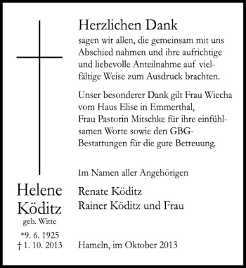 Traueranzeige von Helene Köditz von Deister- und Weserzeitung