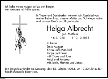 Traueranzeige von Helga Albrecht von Deister- und Weserzeitung