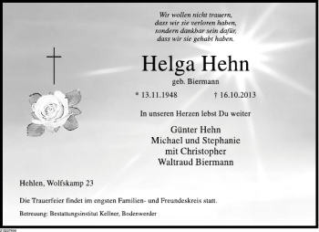 Traueranzeige von Helga Hehn von Deister- und Weserzeitung