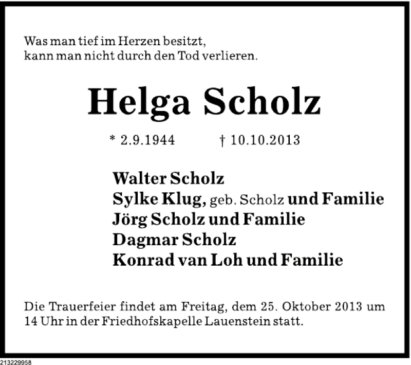  Traueranzeige für Helga Scholz vom 23.10.2013 aus Deister- und Weserzeitung
