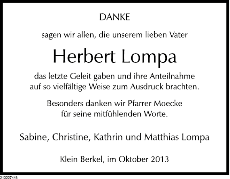 Traueranzeige für Herbert Lompa vom 19.10.2013 aus Deister- und Weserzeitung