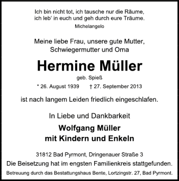 Traueranzeige von Hermine Müller von Deister- und Weserzeitung