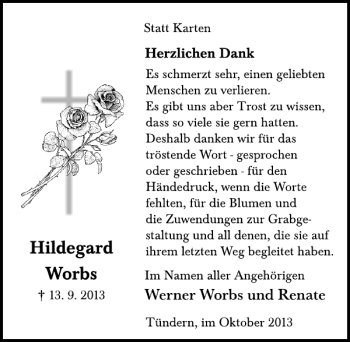 Traueranzeige von Hildegard Worbs von Deister- und Weserzeitung