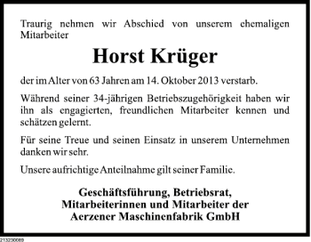Traueranzeige von Horst Krüger von Deister- und Weserzeitung