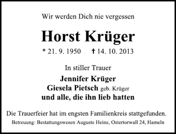 Traueranzeige von Horst Krüger von Deister- und Weserzeitung