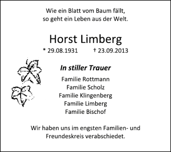 Traueranzeige von Horst Limberg von Deister- und Weserzeitung
