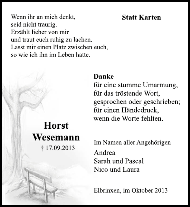  Traueranzeige für Horst Wesemann vom 12.10.2013 aus Deister- und Weserzeitung