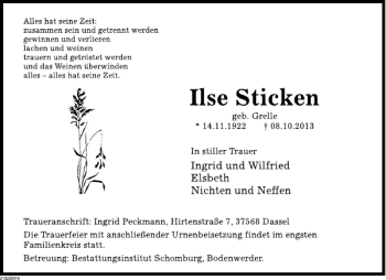 Traueranzeige von Ilse Sticken von Deister- und Weserzeitung