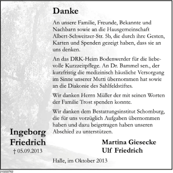 Traueranzeige von Ingeborg Friedrich von Deister- und Weserzeitung