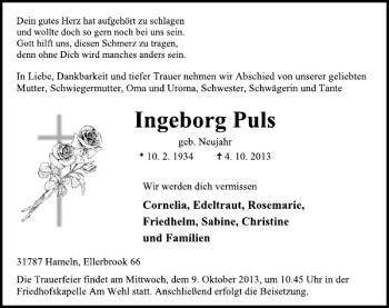 Traueranzeige von Ingeborg Puls von Deister- und Weserzeitung