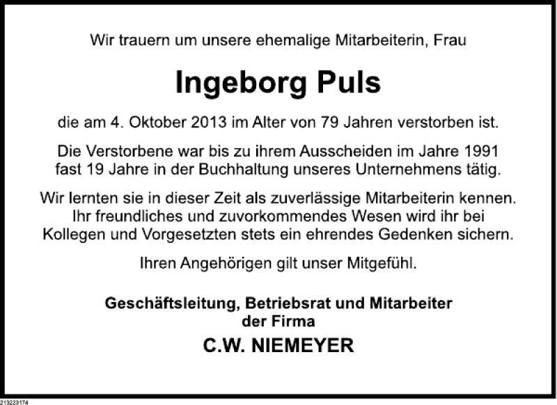  Traueranzeige für Ingeborg Puls vom 05.10.2013 aus Deister- und Weserzeitung