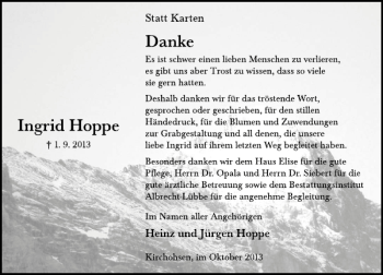 Traueranzeige von Ingrid Hoppe von Deister- und Weserzeitung