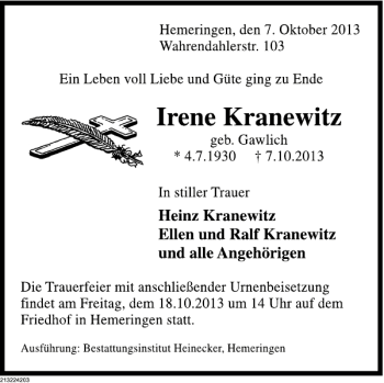 Traueranzeige von Irene Kranewitz von Deister- und Weserzeitung