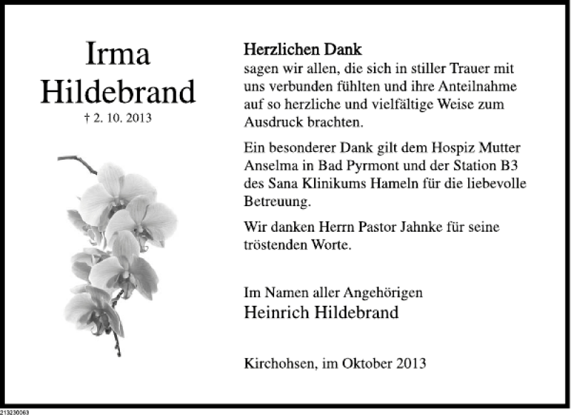  Traueranzeige für Irma Hildebrand vom 26.10.2013 aus Deister- und Weserzeitung