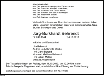 Traueranzeige von Jörg-Burkhardt Behrendt von Deister- und Weserzeitung