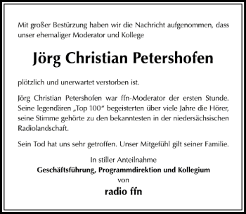 Traueranzeige von Jörg Christian Petersho von Deister- und Weserzeitung