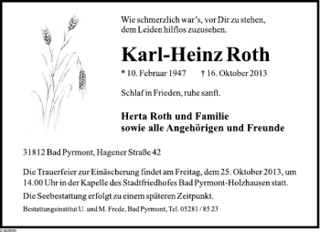 Traueranzeige von Karl-Heinz Roth von Deister- und Weserzeitung