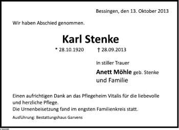 Traueranzeige von Karl Steneke von Deister- und Weserzeitung