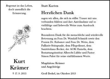 Traueranzeige von Kurt Krämer von Deister- und Weserzeitung