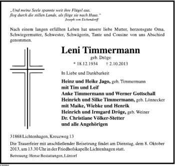 Traueranzeige von Leni Timmermann von Deister- und Weserzeitung